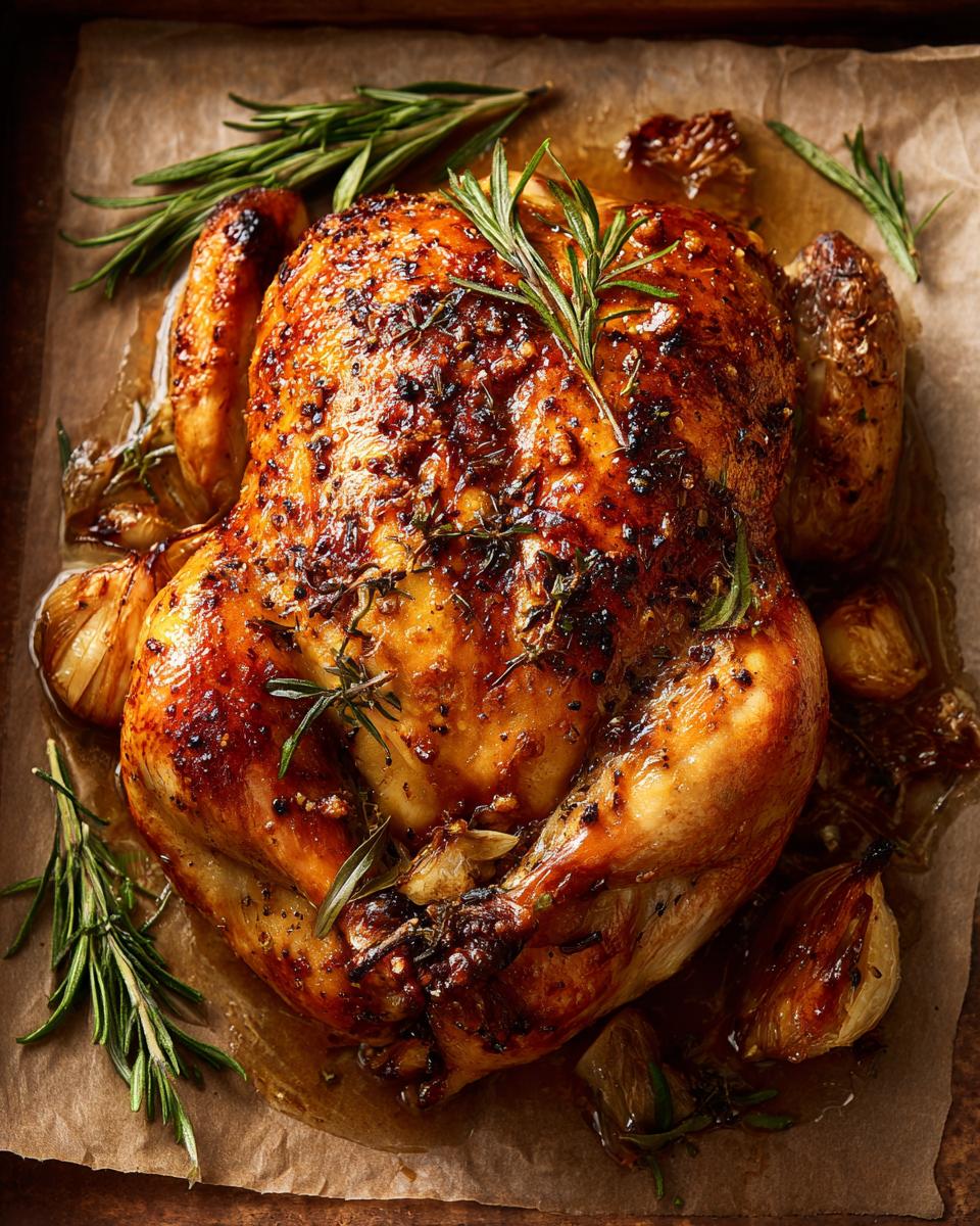 Overhead shot of a perfectly roasted chicken with herbs and garlic, ready to show How to Make Chicken.