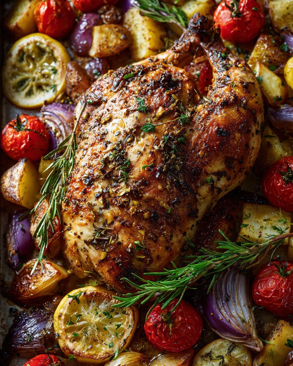 Roasted chicken with potatoes, tomatoes, onions, and lemon, perfect for Dinner Ideas for Busy Weeknights.
