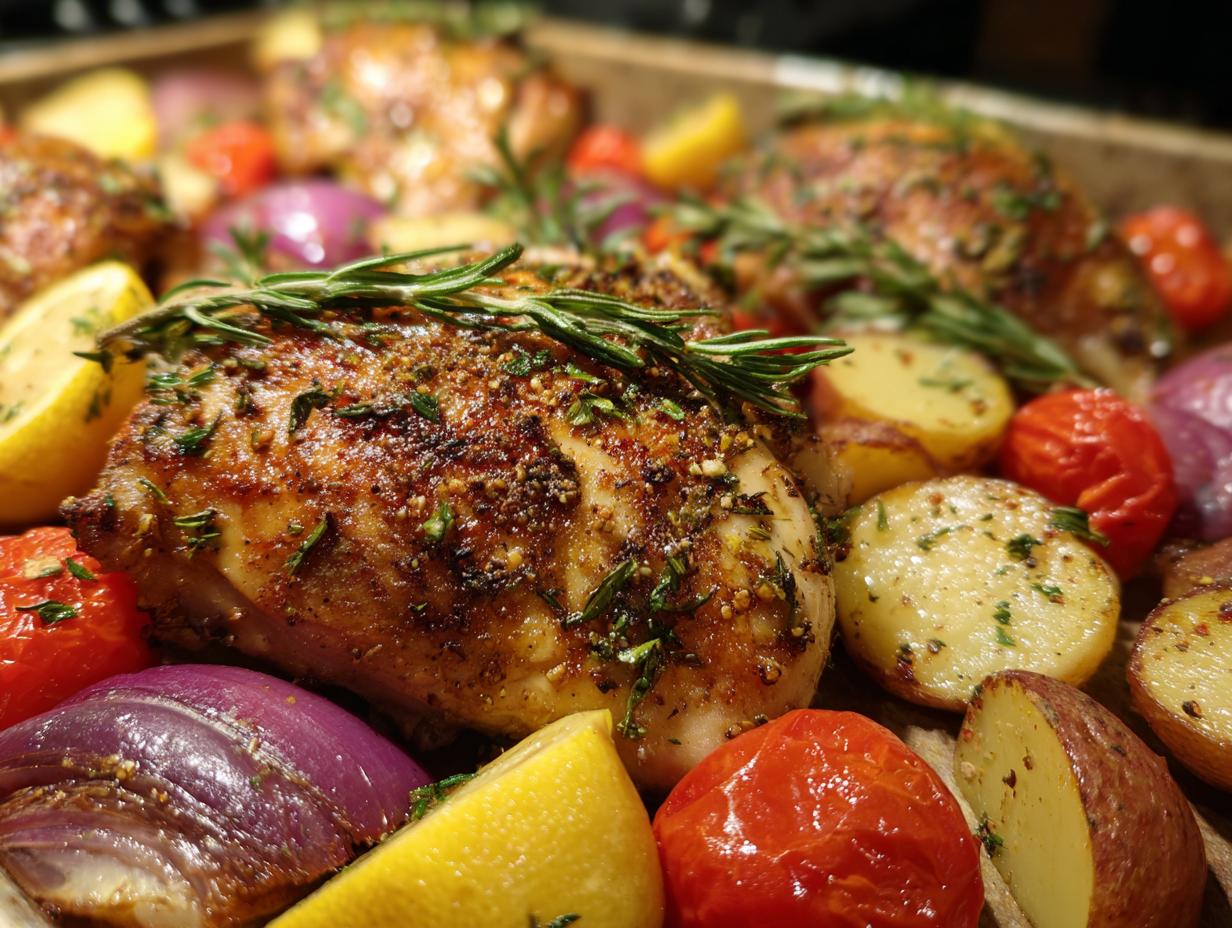 Roasted chicken with potatoes, tomatoes, onions, and lemon. One of the dinner ideas for busy weeknights.
