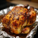 Golden brown roasted chicken on foil, showcasing how to make chicken with a foolproof method.