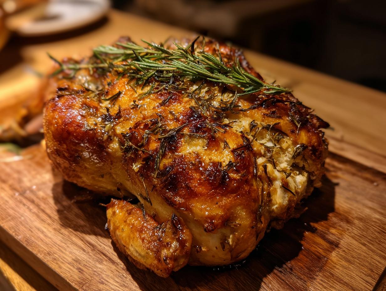Golden brown roasted Chicken garnished with fresh rosemary on a wooden board, ready to serve.