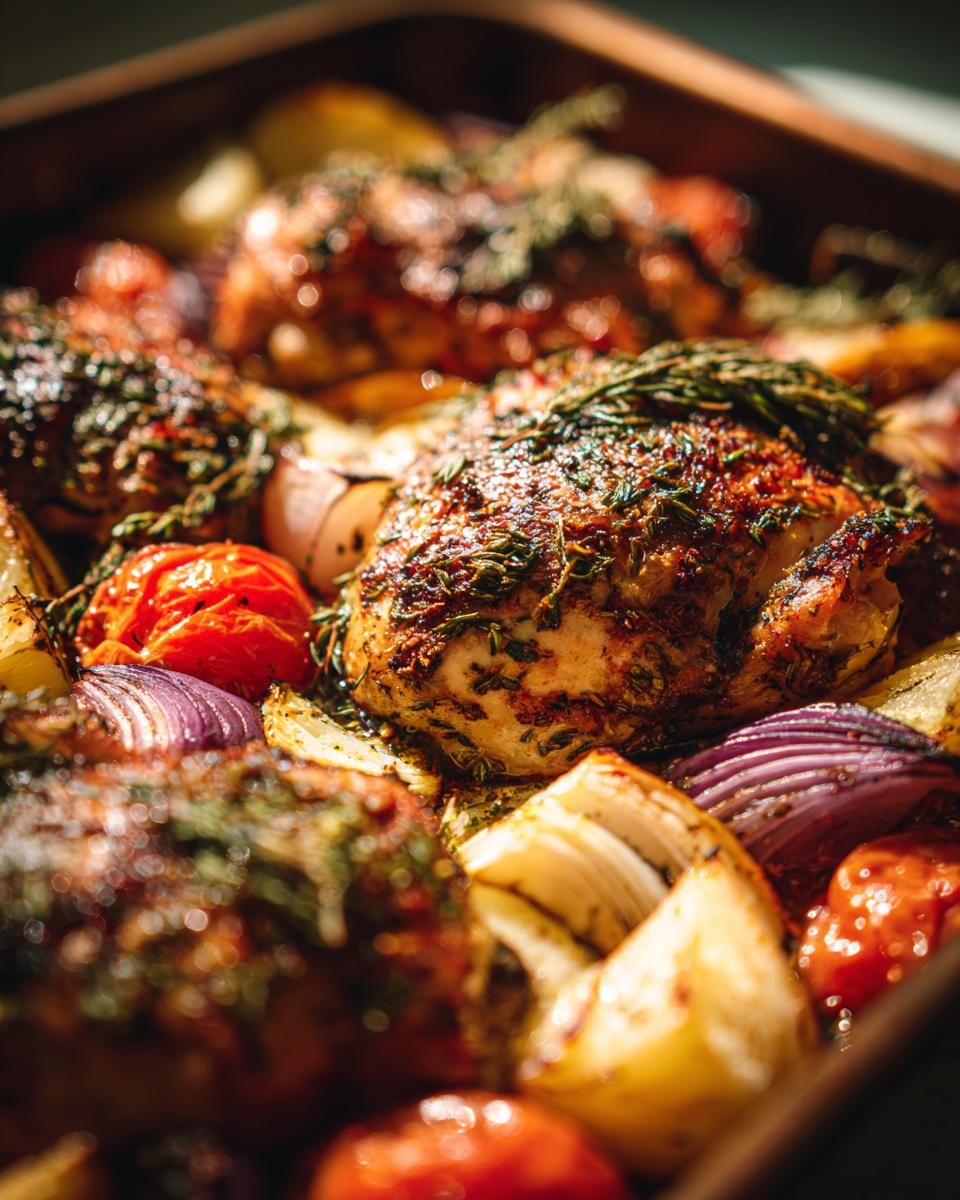 Roasted chicken with tomatoes, onions, and herbs. One of the best Dinner Ideas for Busy Weeknights.
