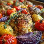 Roasted chicken with potatoes, tomatoes, and red onion. Perfect for dinner ideas for busy weeknights.