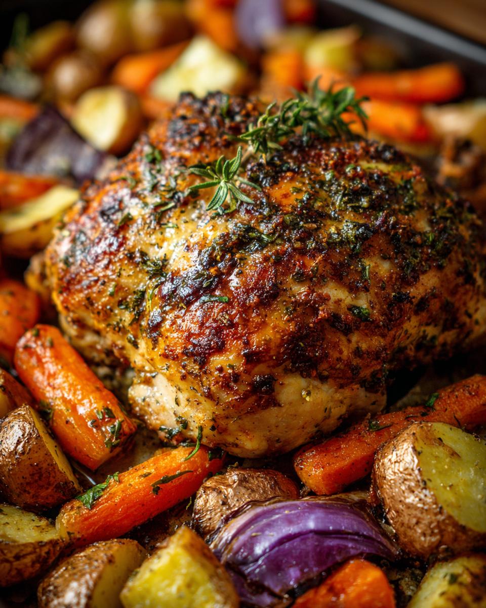 Roasted chicken with carrots, potatoes, and onions, perfect for Dinner Ideas for Busy Weeknights.