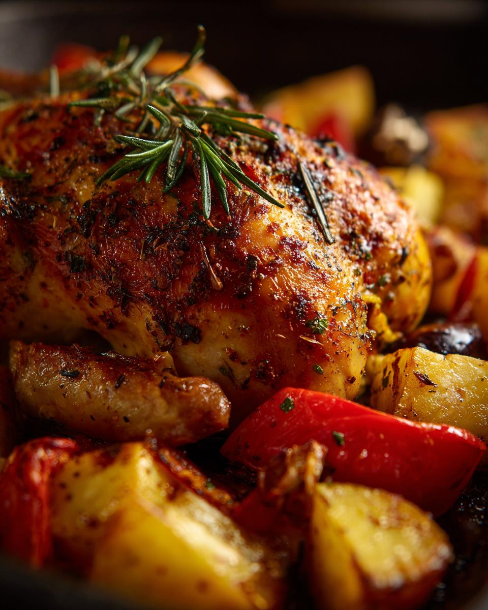 Roasted chicken with potatoes and red bell peppers, a great dinner idea for busy weeknights.
