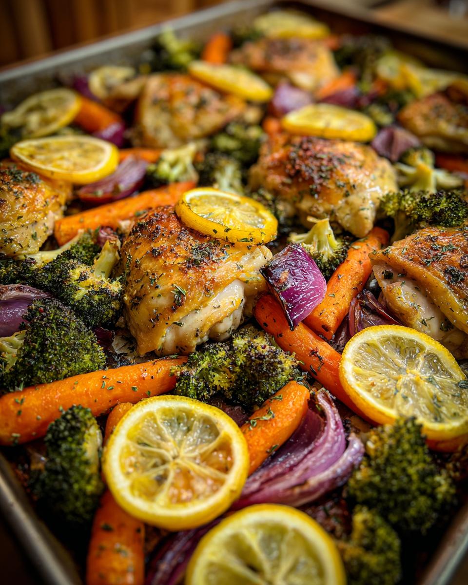 Sheet pan of roasted chicken thighs with broccoli, carrots, red onion, and lemon slices. Great for Dinner Recipes for Busy Weeknights.