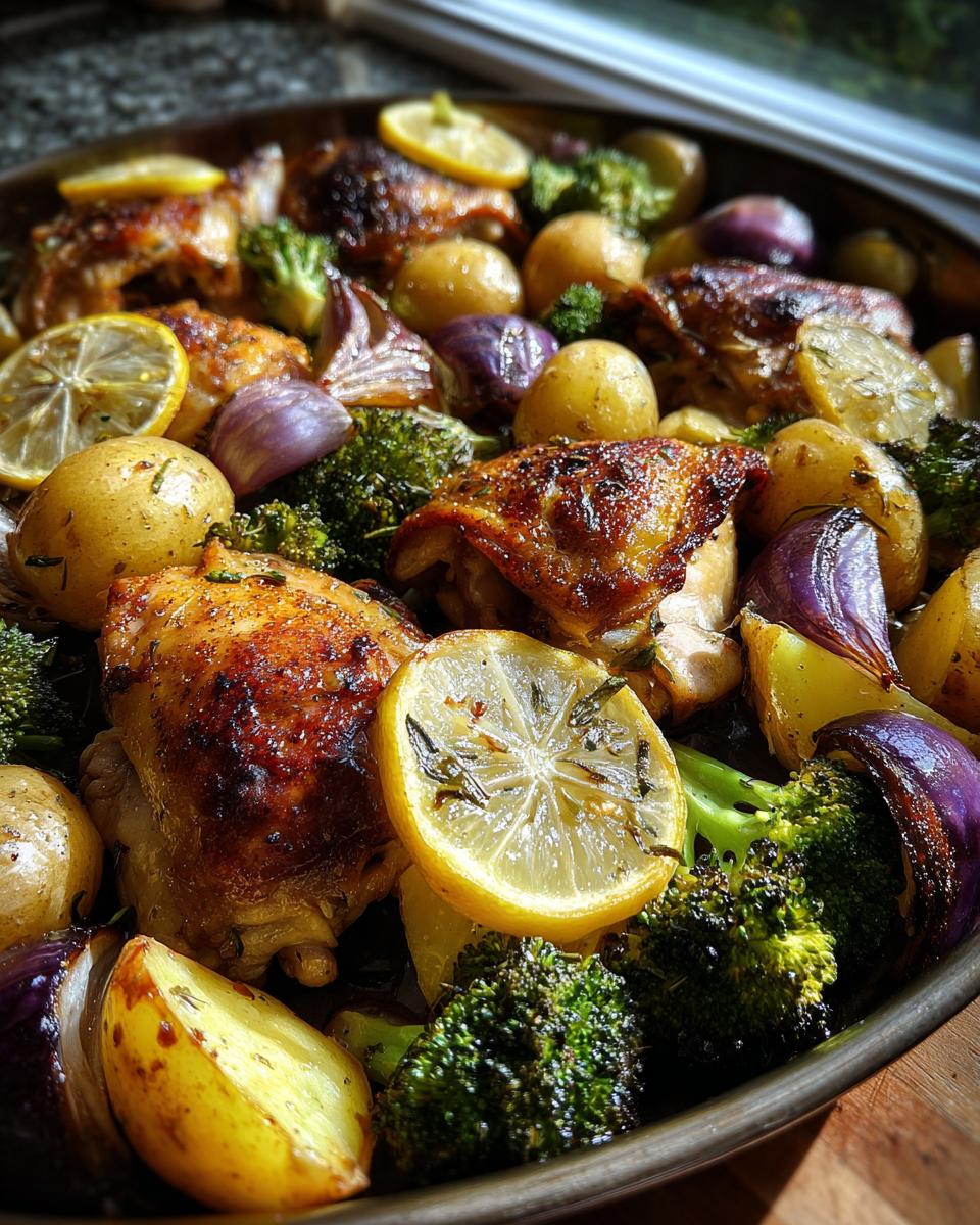 Close-up of a roasted chicken and vegetable one-pan dinner with potatoes, broccoli, red onion, and lemon.