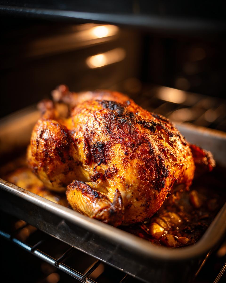 Whole roasted chicken in a baking pan inside an oven, illustrating how to make chicken perfectly.