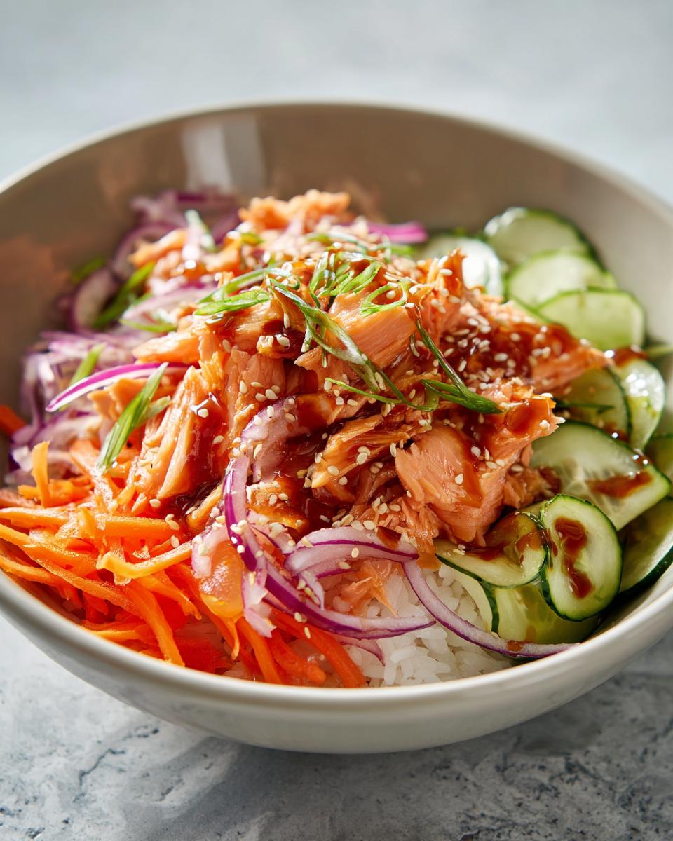 A vibrant Salmon Bowls dish with rice, carrots, cucumber, red onion, and sesame seeds.