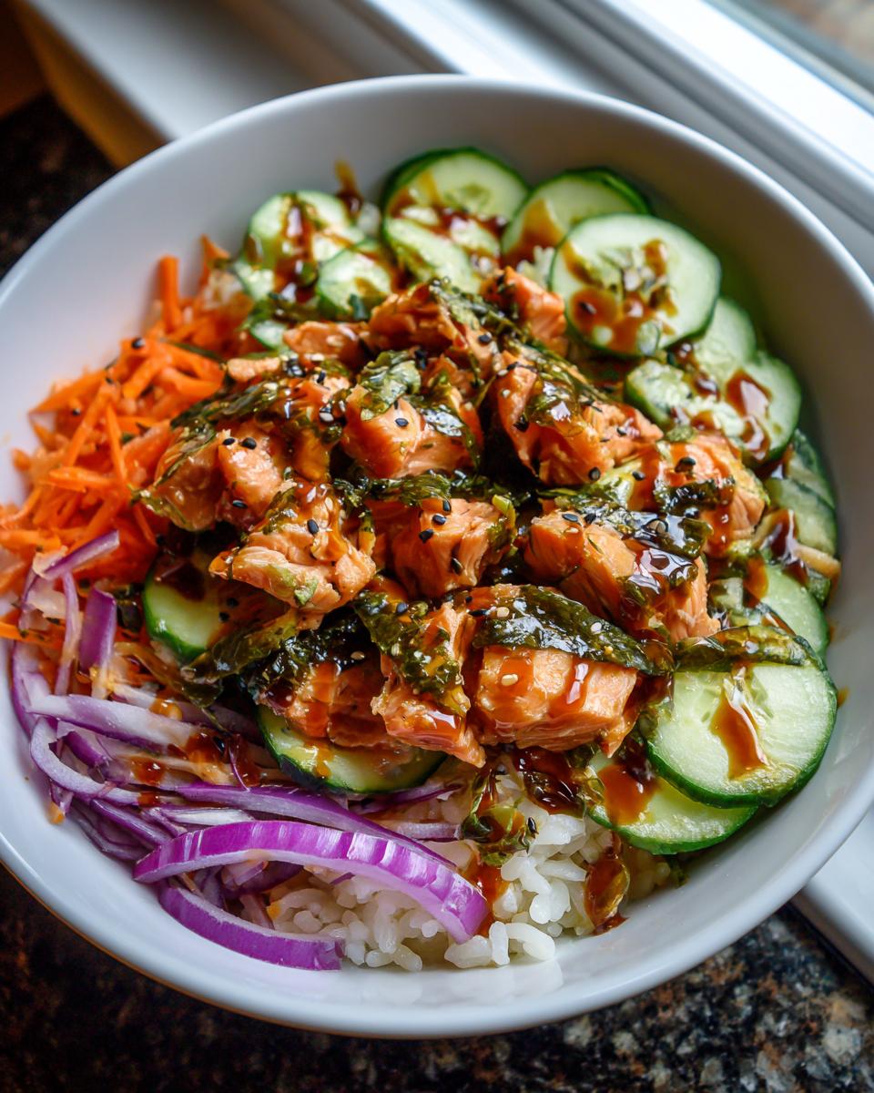 Overhead shot of a Salmon Bowls with rice, cucumbers, carrots, and red onions, drizzled with sauce.
