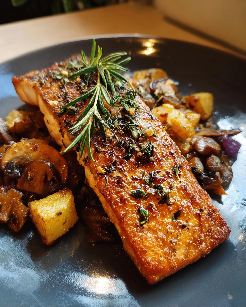 Delicious salmon fillet served with roasted potatoes and mushrooms, showcasing a 5-Ingredient Easy Dinner recipe.