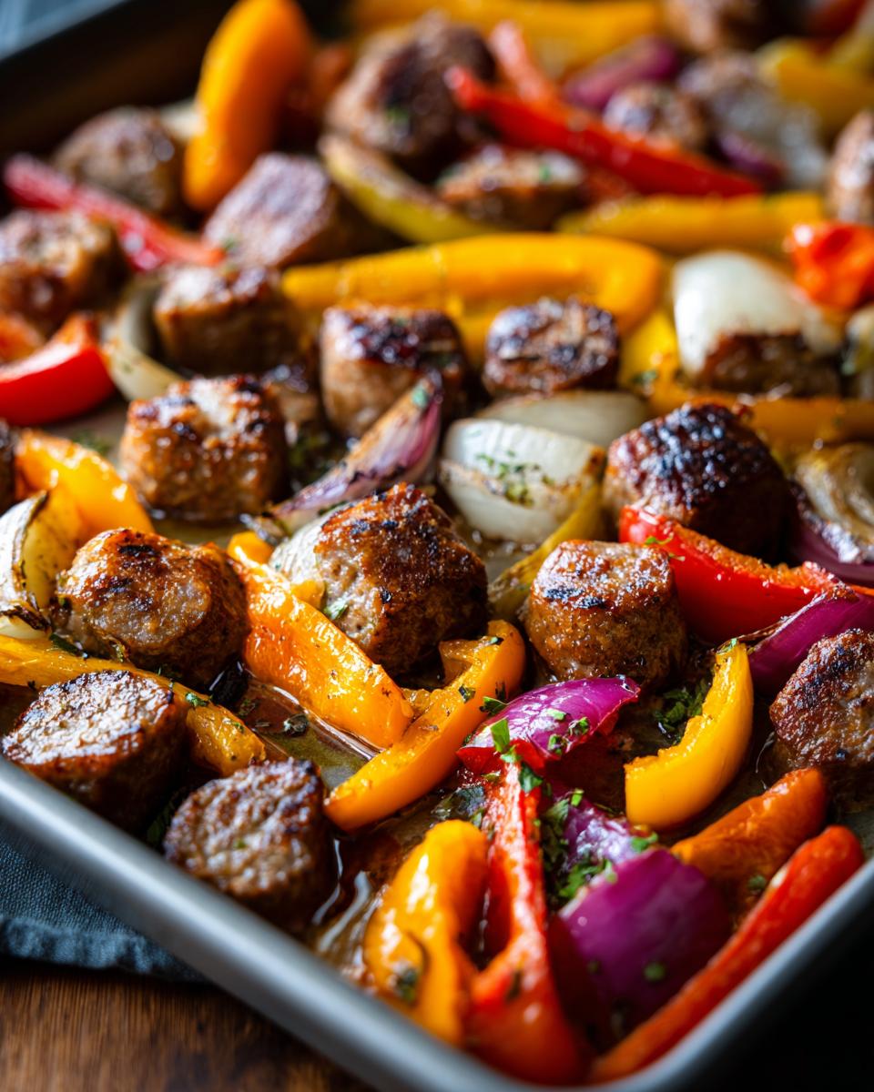 A colorful sausage and peppers dish, a simple One-Pan Dinner Recipe, with red onion and herbs.