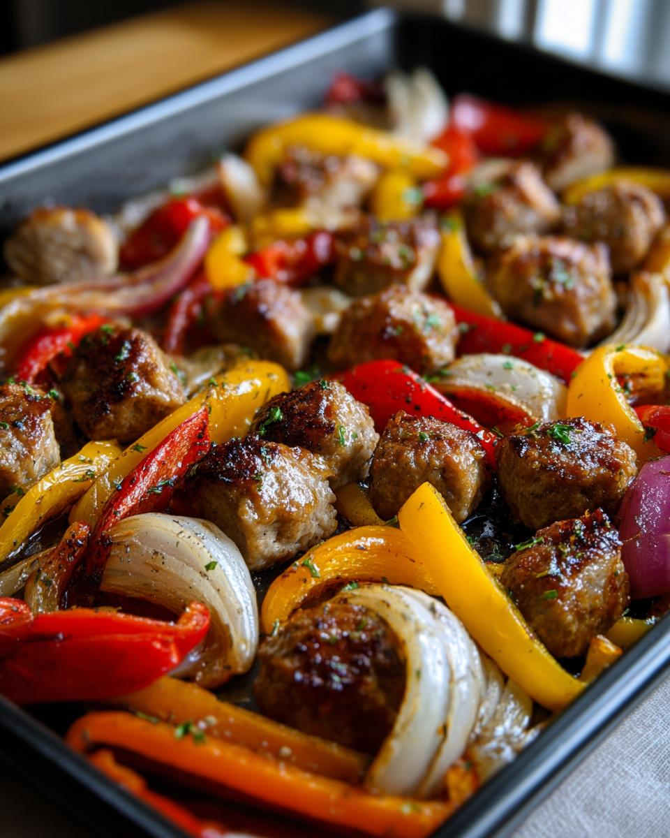 A sheet pan filled with sausage, bell peppers, and onions, perfect for One-Pan Dinner Recipes (Minimal Cleanup).