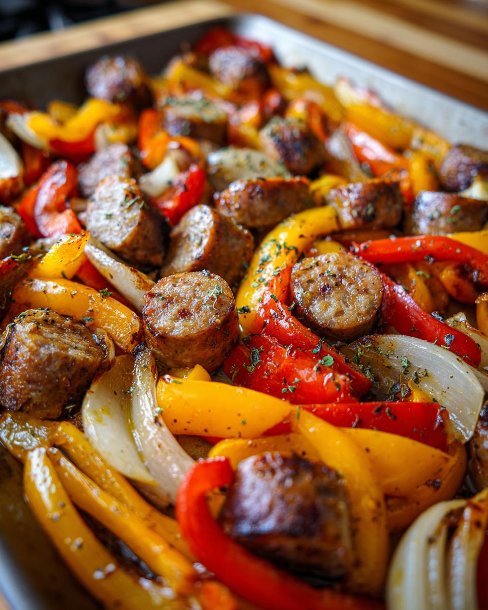 Overhead view of sausage and peppers on a baking sheet, a delicious example of One-Pan Dinner Recipes.