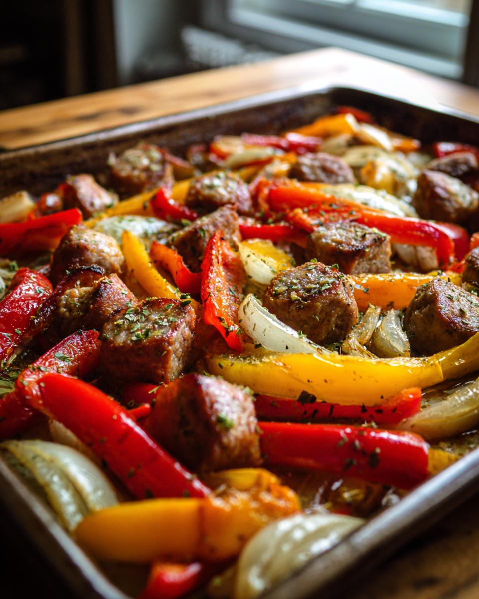 Sausage and peppers on a baking sheet, a delicious and easy One-Pan Dinner Recipe.