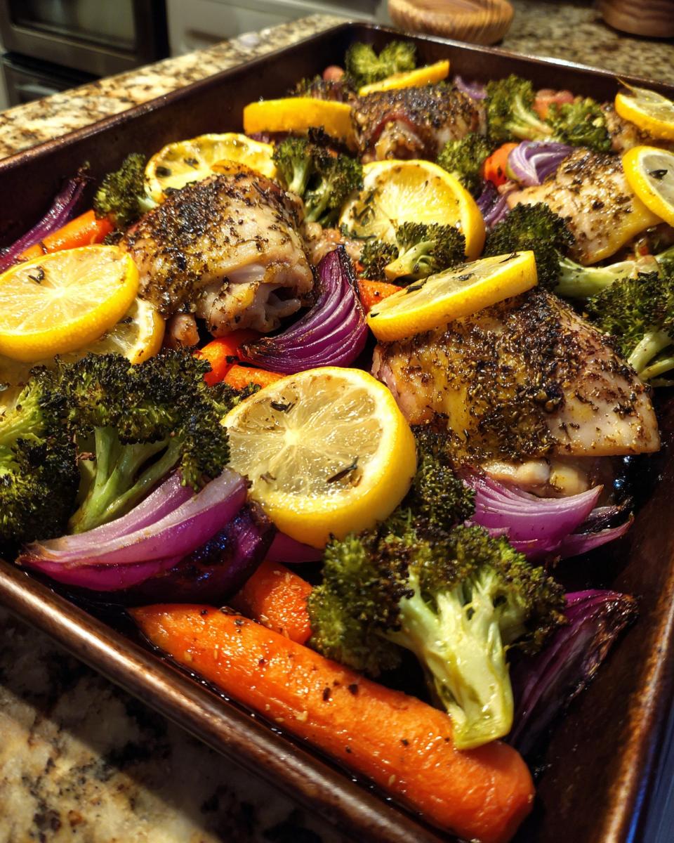 Sheet pan chicken with roasted vegetables and lemon, perfect for Dinner Recipes for Busy Weeknights.