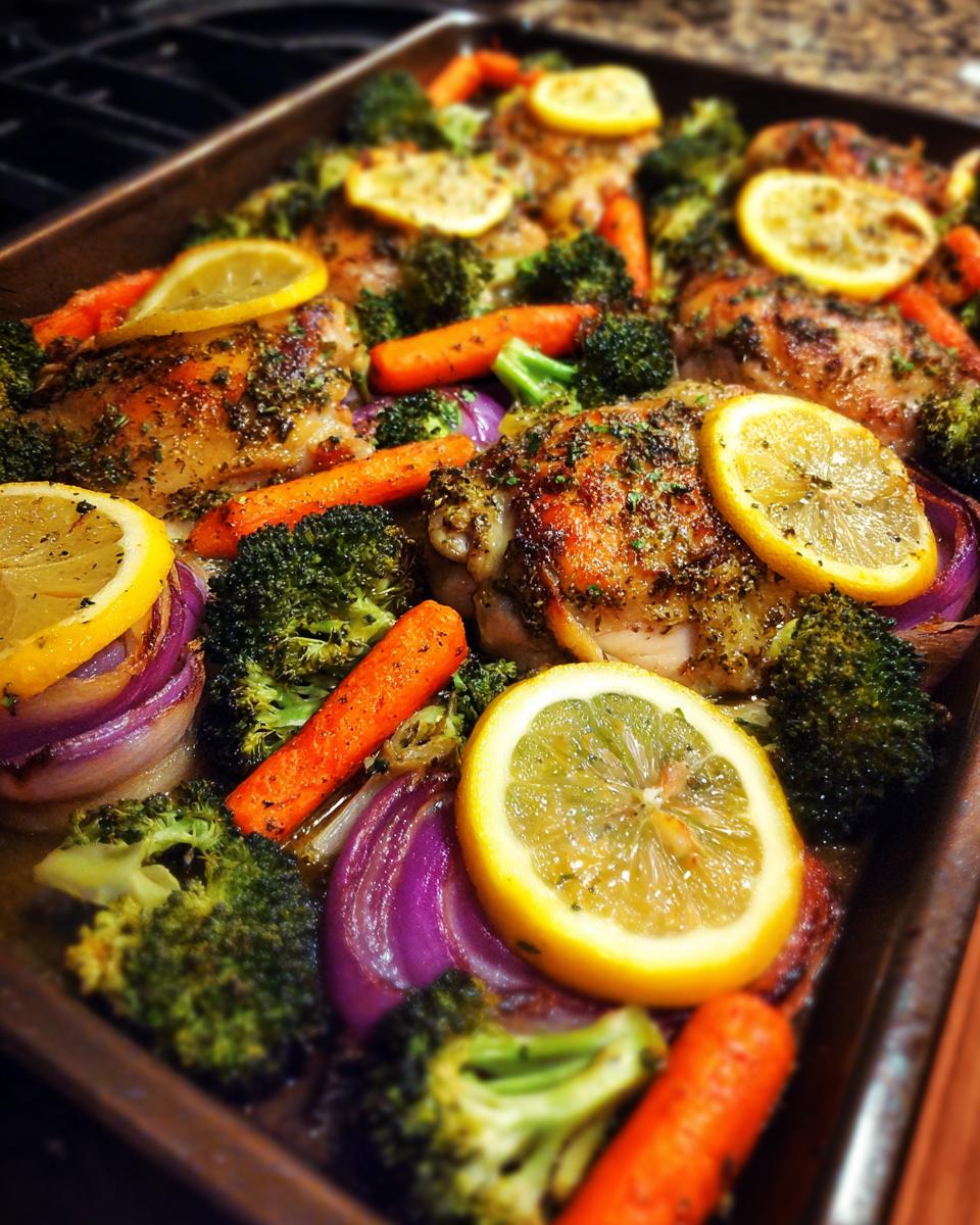 Sheet pan dinner with chicken, broccoli, carrots, and red onions, perfect for Dinner Recipes for Busy Weeknights.