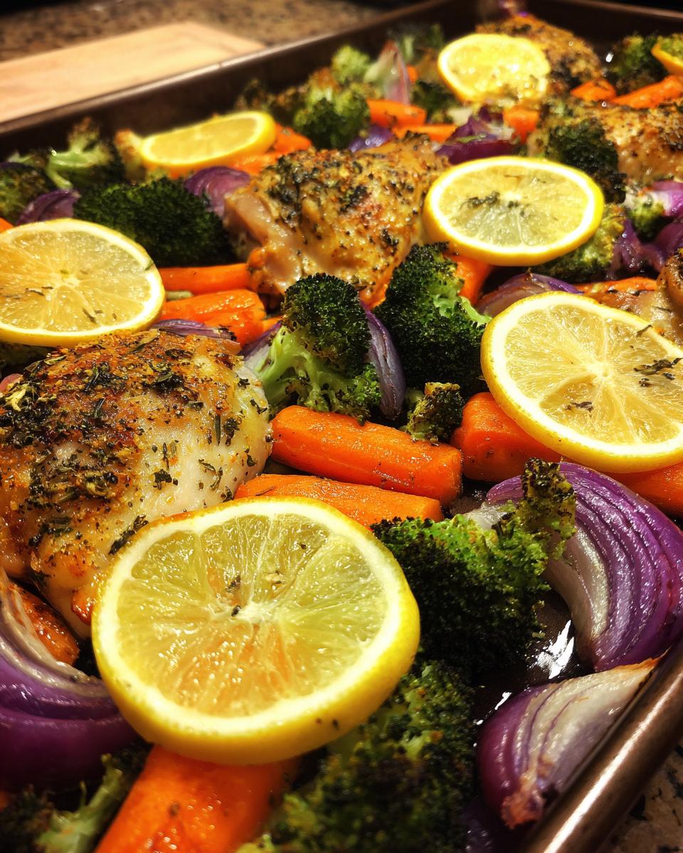 Sheet pan chicken with broccoli, carrots, red onion, and lemon slices. Easy Dinner Recipes for Busy Weeknights.