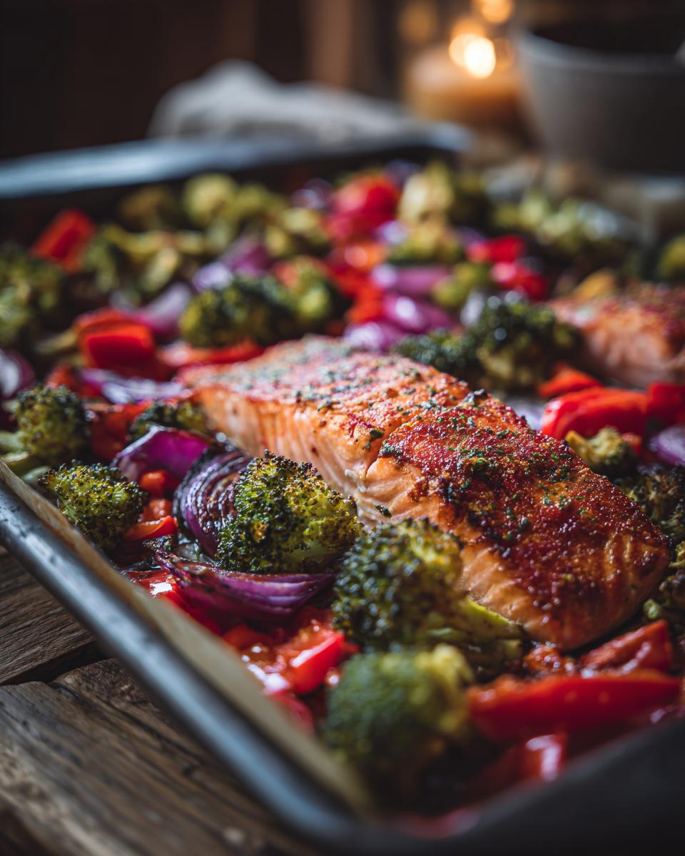 Close-up of Sheet-Pan Salmon & Veggies, featuring salmon fillets, broccoli, red onion, and red bell peppers on a baking sheet.
