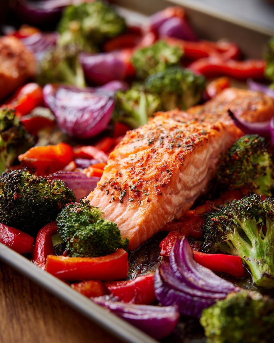 Close-up of Sheet-Pan Salmon & Veggies, featuring salmon, broccoli, red bell peppers, and red onions on a baking sheet.