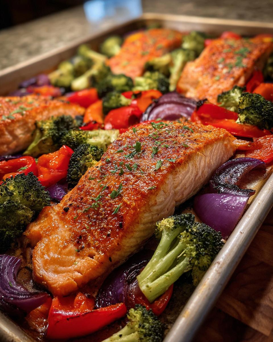 Close-up of Sheet-Pan Salmon & Veggies, including broccoli, red onion, and red bell peppers.