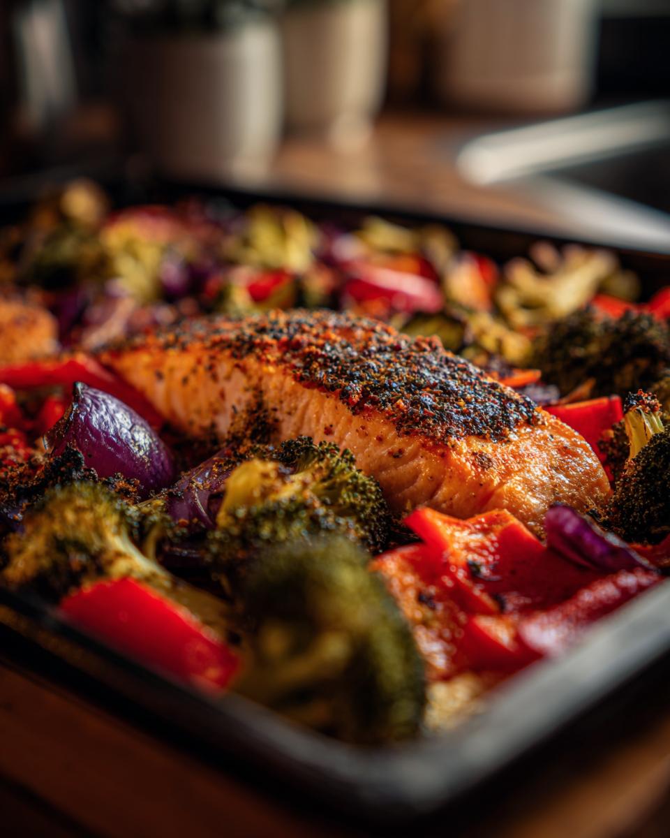 Close-up of Sheet-Pan Salmon & Veggies, featuring salmon, broccoli, red peppers and purple onion on a baking sheet.