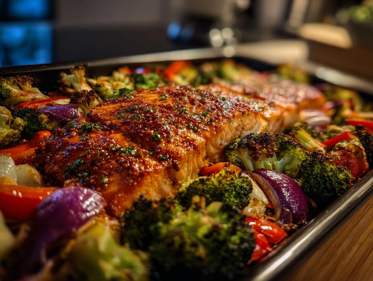 A sheet pan filled with perfectly cooked Sheet-Pan Salmon & Veggies, including broccoli, red peppers, and red onions.