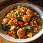 A bowl of Shrimp Fried Rice with shrimp, carrots, broccoli, and scrambled eggs.