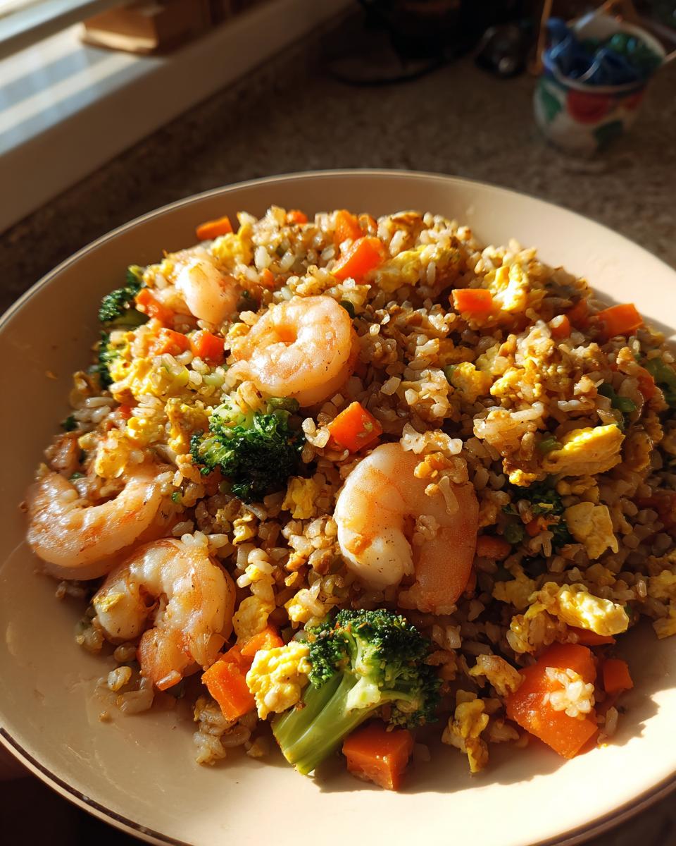 A plate of Shrimp Fried Rice featuring shrimp, rice, broccoli, carrots, and scrambled eggs.
