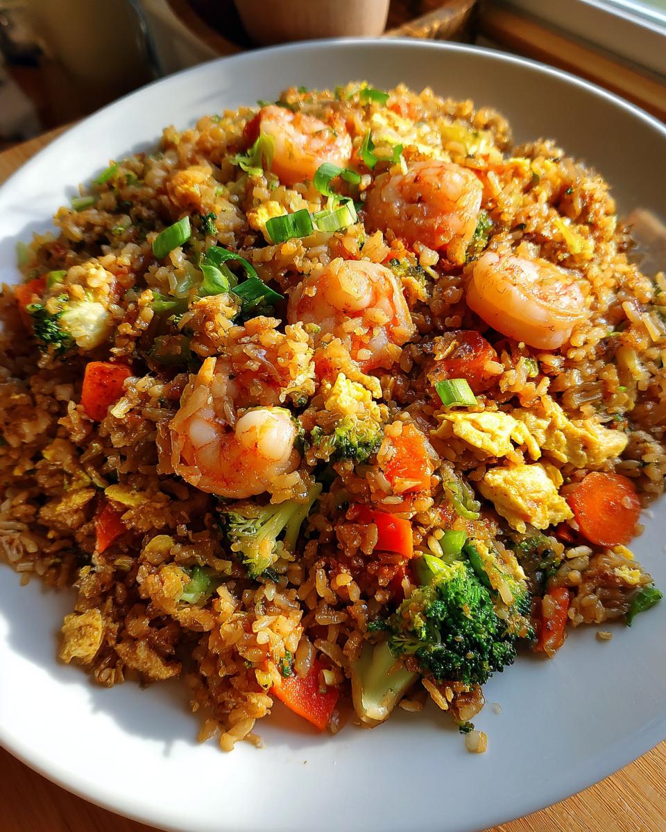 A plate of Shrimp Fried Rice featuring shrimp, rice, broccoli, carrots, and green onions.