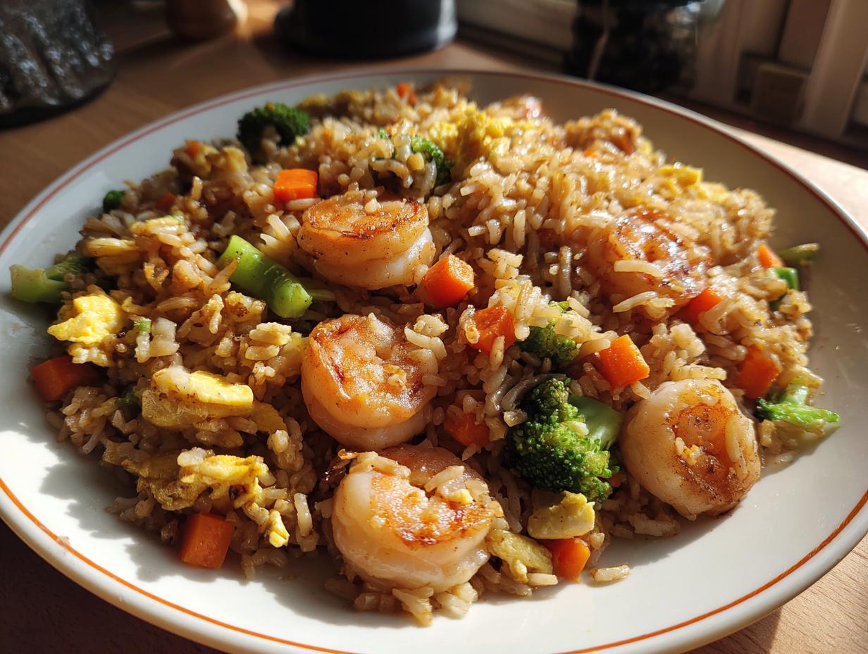 A plate of Shrimp Fried Rice with visible shrimp, rice, broccoli, carrots, and egg.