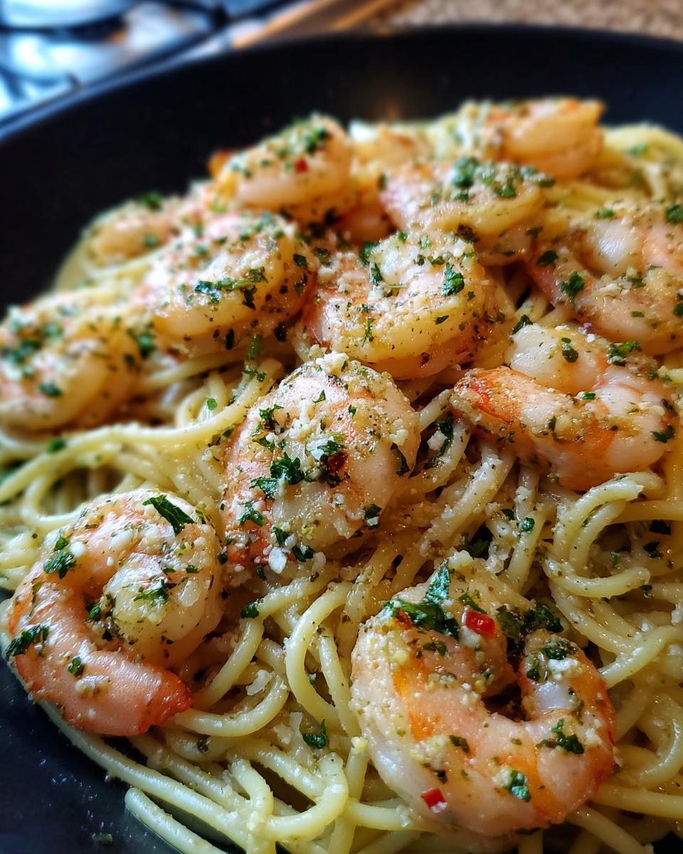 Close-up of Shrimp Scampi (Lighter) served over spaghetti, garnished with herbs and spices in a black pan.