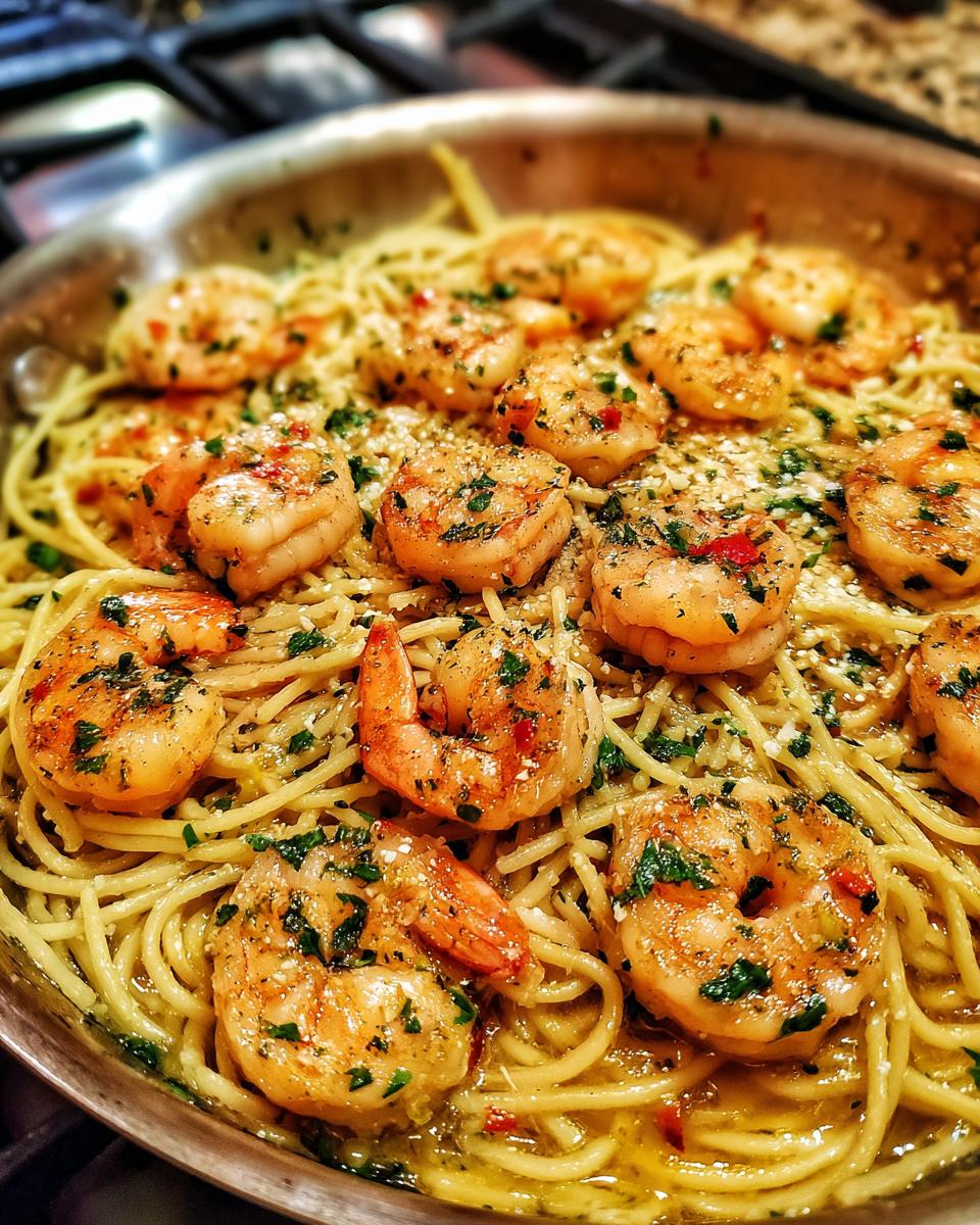 Close-up of Shrimp Scampi (Lighter) served over spaghetti, garnished with parsley and parmesan cheese.