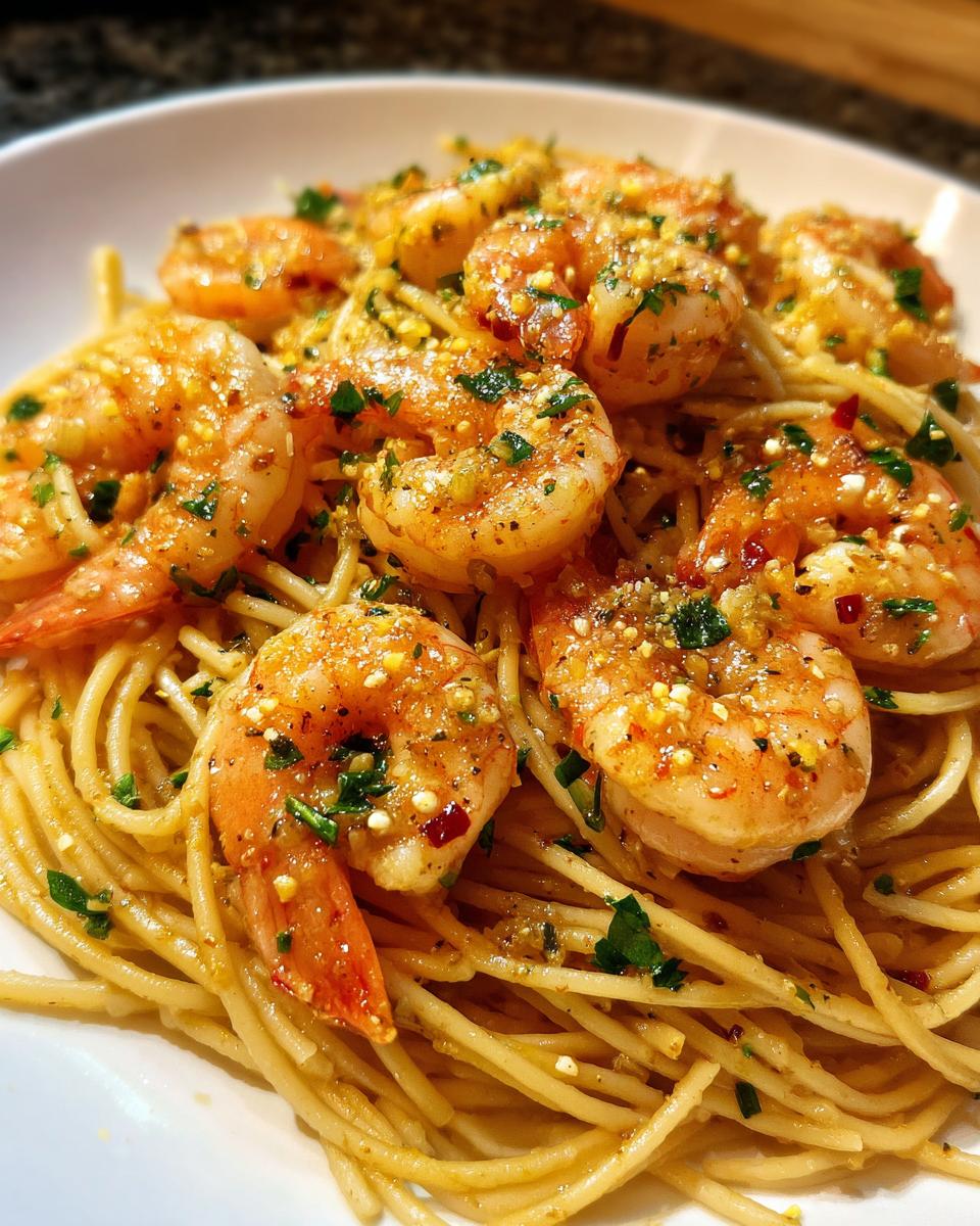 A plate of Shrimp Scampi (Lighter) served over spaghetti, garnished with fresh herbs and spices.