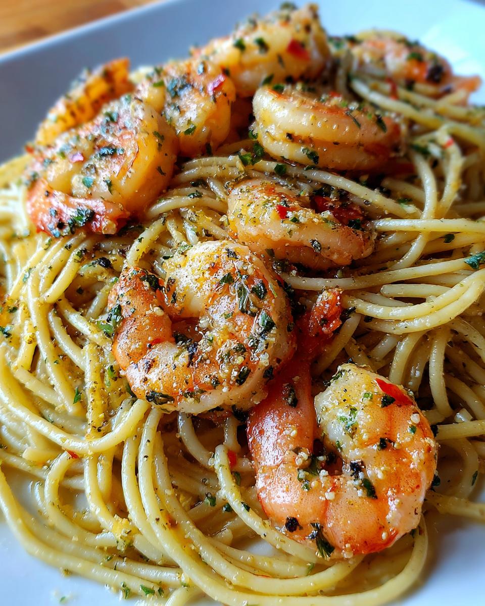 Close-up of plated Shrimp Scampi (Lighter) with spaghetti, shrimp, garlic, herbs, and red pepper flakes.