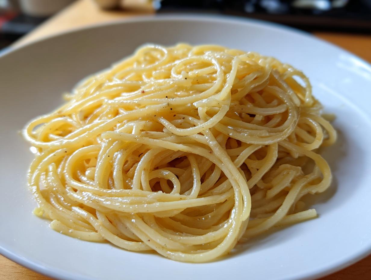 A plate of spaghetti, showcasing one of the simple pasta recipes. The pasta is coated in a light sauce and seasoned.