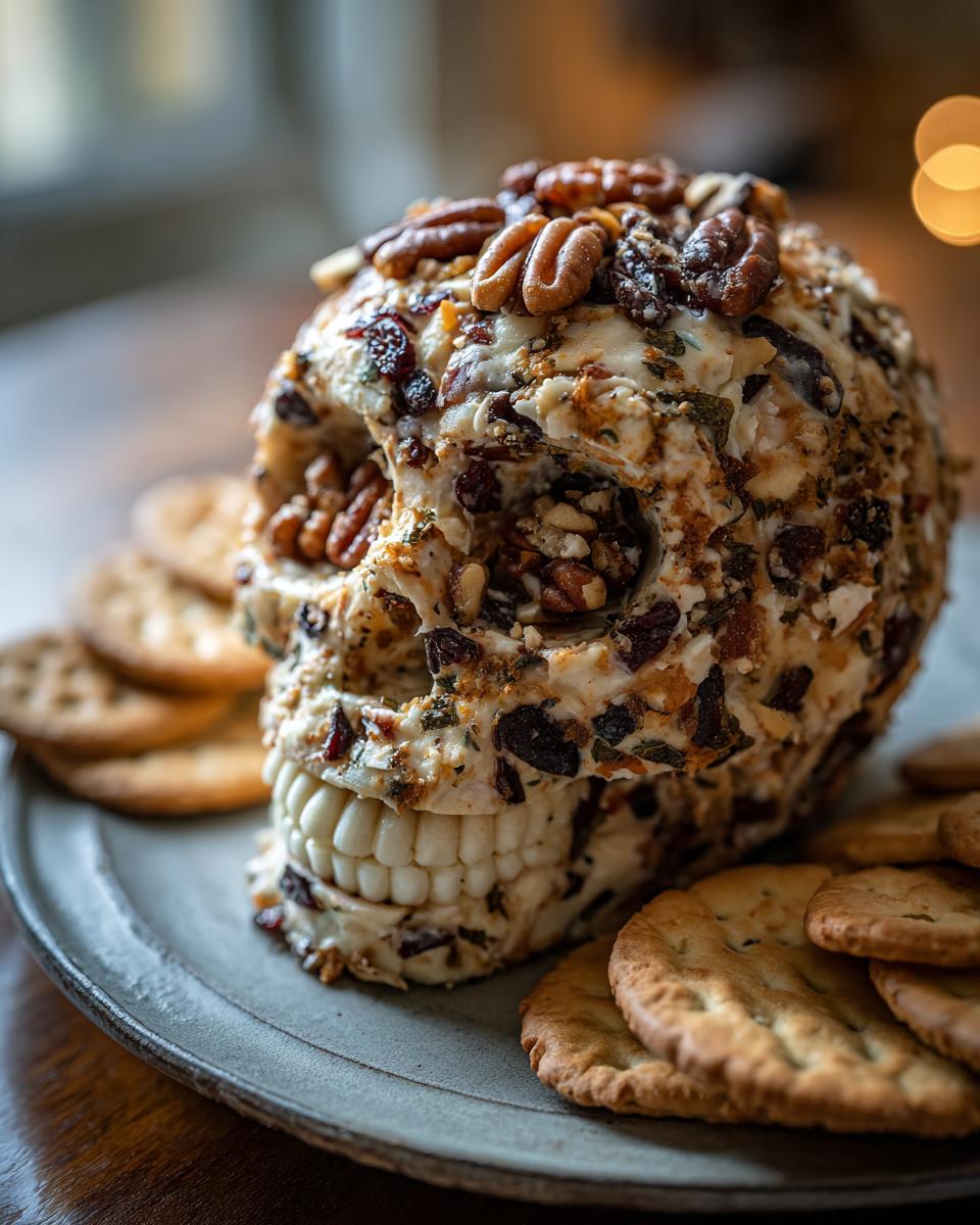A Skellington Cheese Ball Appetizer shaped like a skull, decorated with nuts and cranberries, served with crackers.