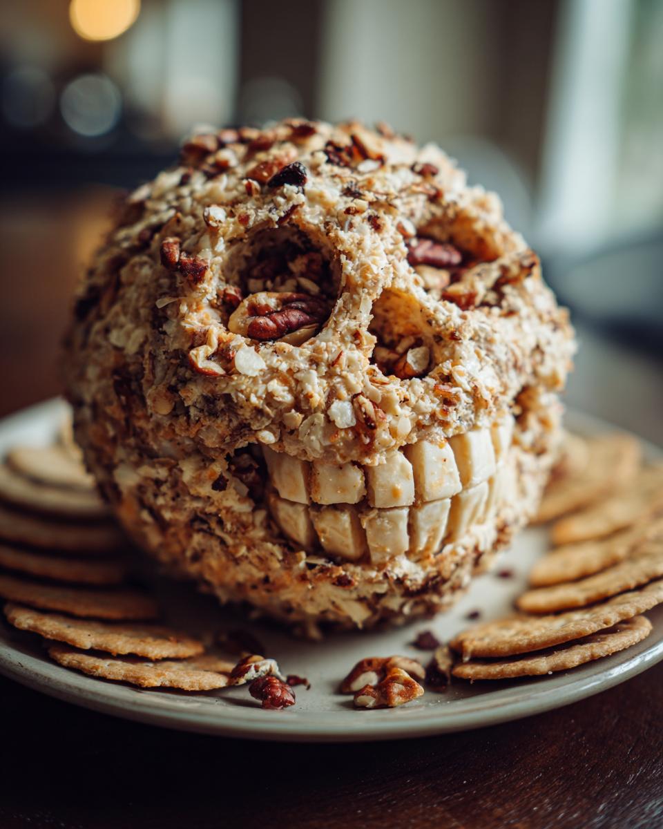 A Skellington Cheese Ball Appetizer (2025) shaped like a skull, covered in nuts, with banana 'teeth' and crackers.