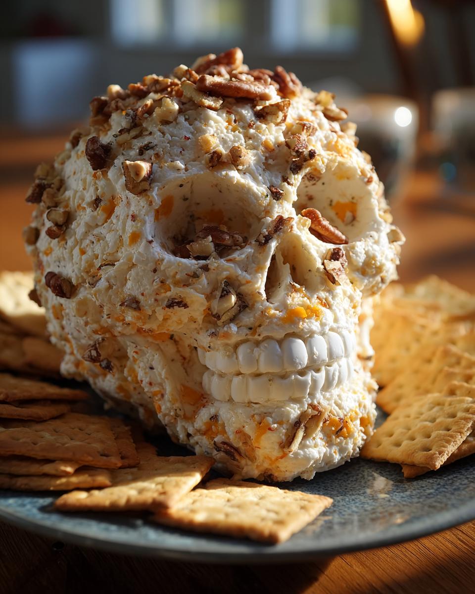 A spooky Skellington Cheese Ball Appetizer (2025) shaped like a skull, garnished with nuts and served with crackers.