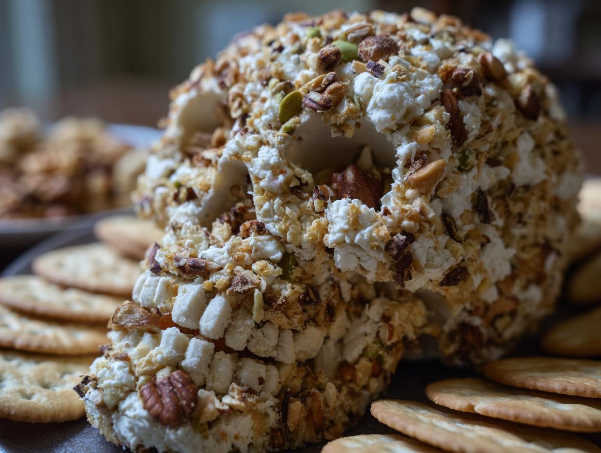 Close-up of a Skellington Cheese Ball Appetizer (2025) with nuts and crackers, perfect for Halloween.