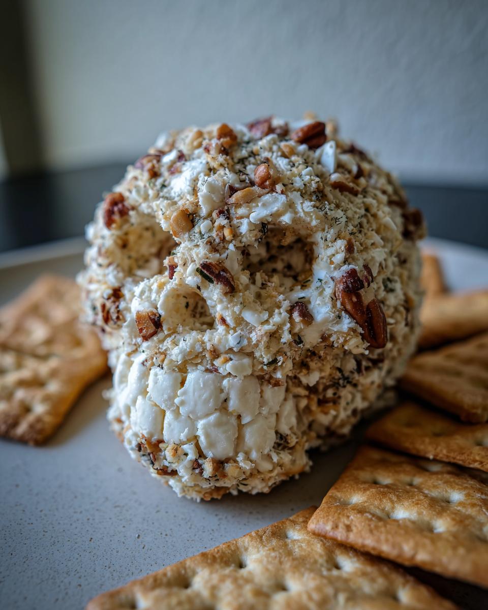 Close-up of a Skellington Cheese Ball Appetizer (2025) decorated with nuts and herbs, served with crackers.