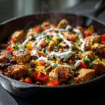 Skillet chicken dinner with black beans, peppers, cheese, and sour cream. One of the Easy Dinner Recipes in 20 Minutes.