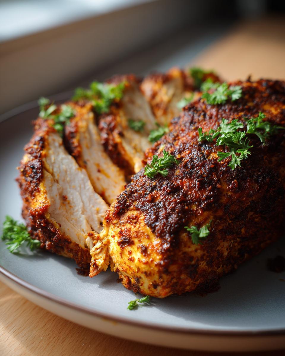 Close-up of a sliced chicken breast, seasoned and garnished with parsley. This is the Chicken Recipe Everyone Asks For.