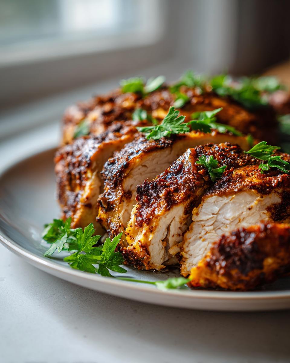 Close-up of sliced chicken breast, garnished with parsley, for a Chicken Recipe Everyone Asks For.