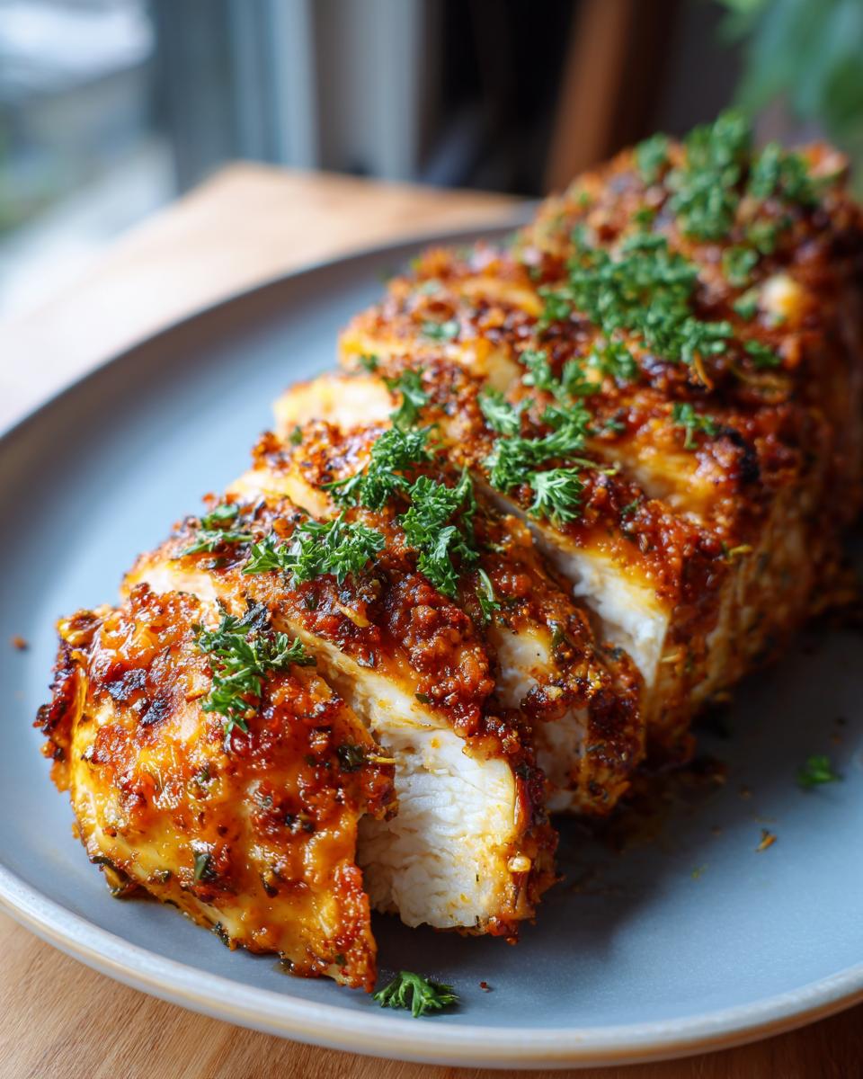 Close-up of sliced chicken breast with a flavorful topping, showcasing a Chicken Recipe Everyone Asks For.