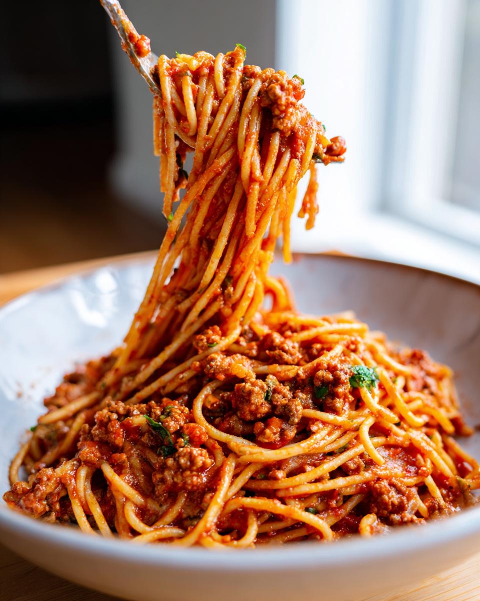 A fork lifts spaghetti bolognese from a bowl, showcasing one of the easy pasta recipes for busy weeknights.