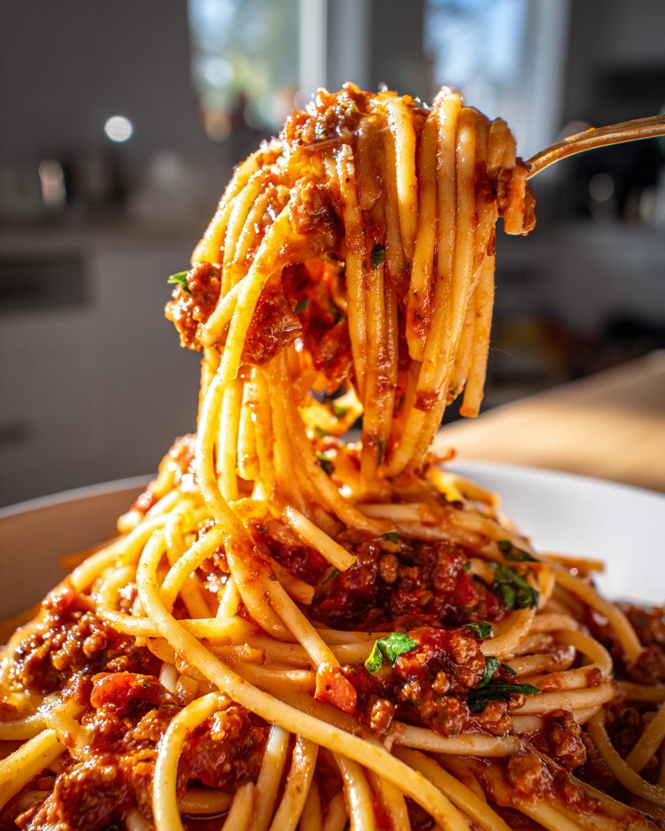 Close-up of spaghetti with rich meat sauce, perfect for Pasta Recipes for Busy Weeknights.