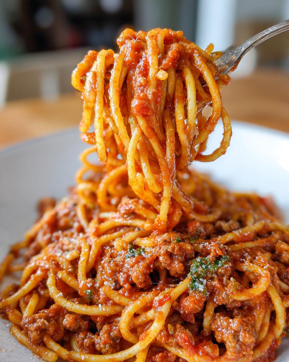 Close-up of spaghetti with meat sauce, perfect for quick Pasta Recipes for Busy Weeknights.