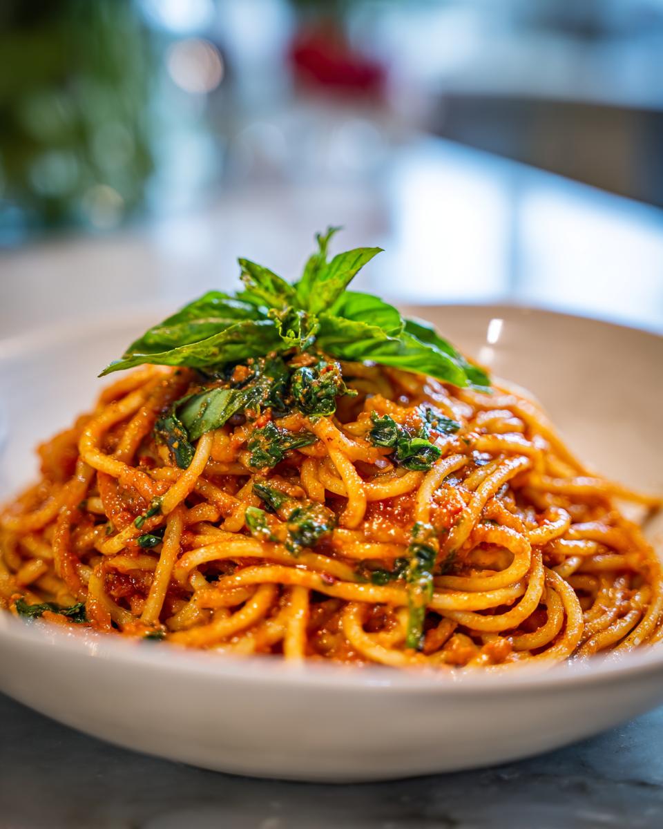 Spaghetti with red sauce and basil topping. Part of our Ultimate Pasta Recipes Guide: Ingredients, Temps, Tips.
