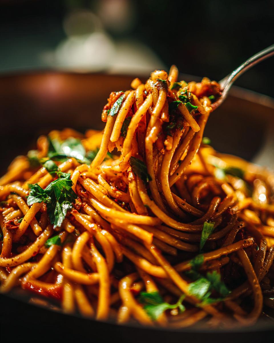 Close-up of spaghetti with sauce on a fork, part of our Ultimate Pasta Recipes guide.